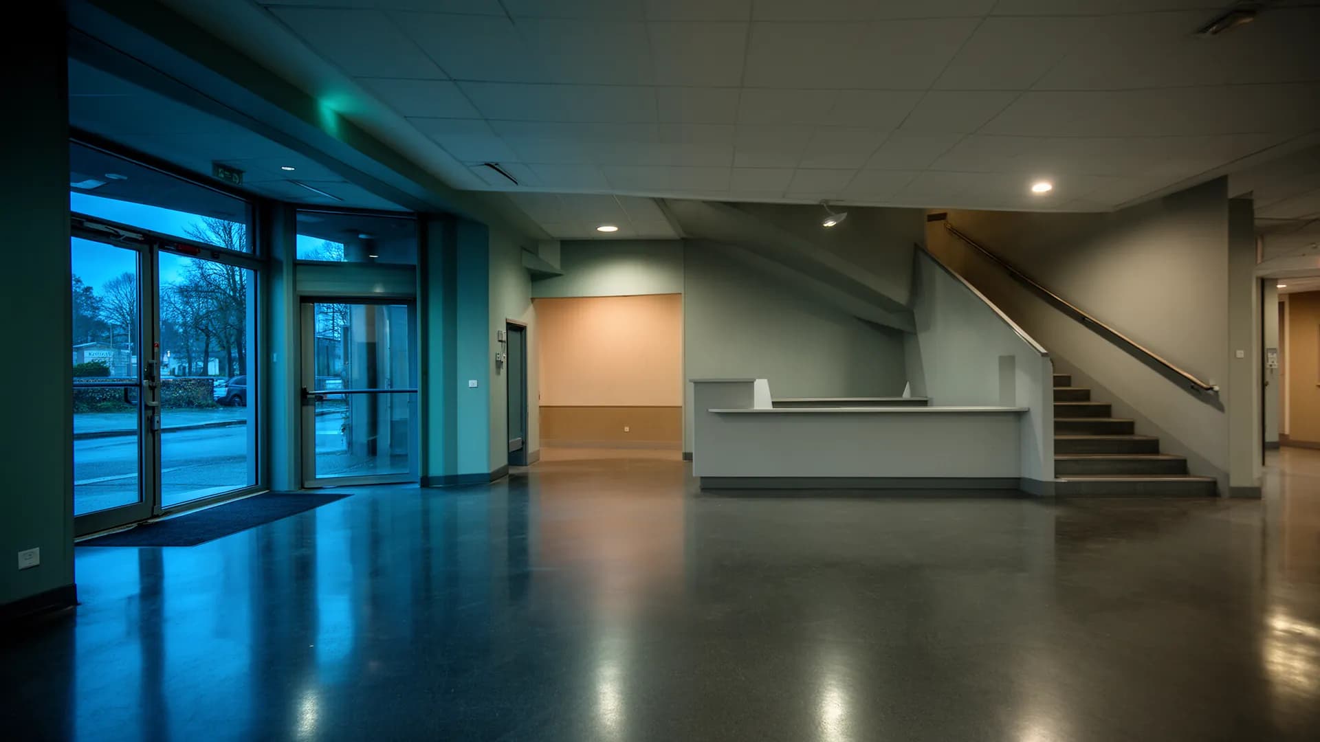 Hall d’entrée et cage d’escalier d’un petit immeuble de bureaux à l’aube, sol poli et rampe nettoyée