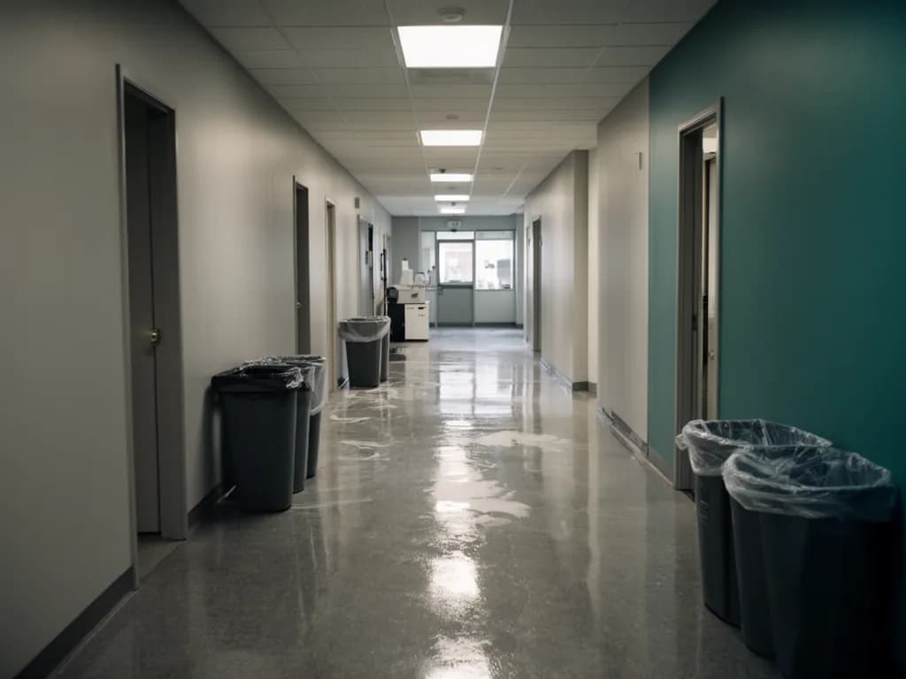 Couloir de bureaux après le passage quotidien, sol lavé qui reflète la lumière et corbeilles vidées
