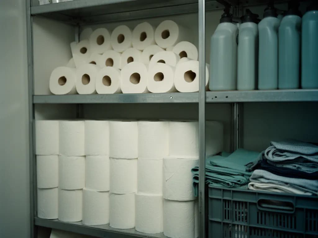 Réserve de consommables rangée : rouleaux d’essuie-tout empilés et flacons alignés sur les étagères