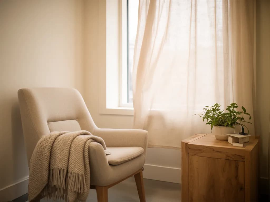 Coin calme pour la rééducation respiratoire : fauteuil en tissu écru face à une fenêtre, plaid plié