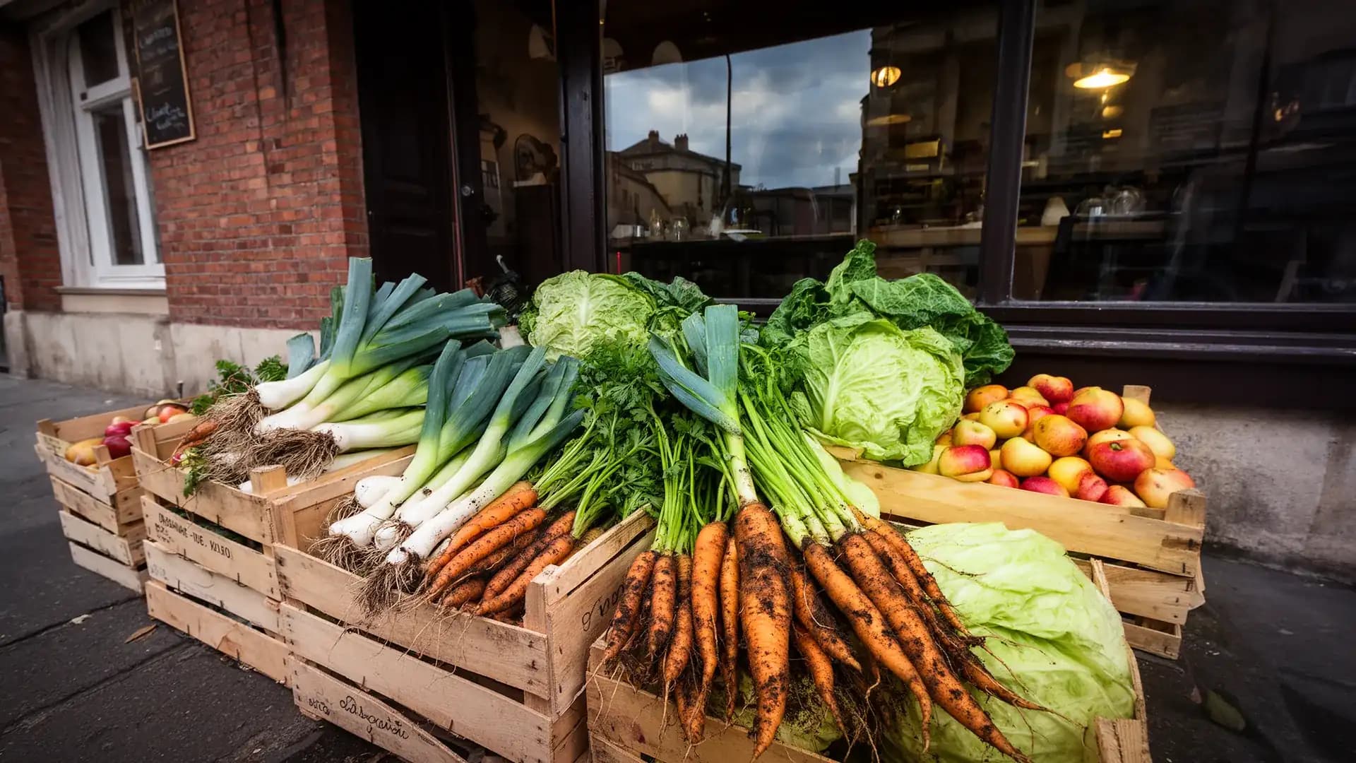 Cagettes de légumes du marché déposées devant le bistrot au petit matin : poireaux, carottes et choux