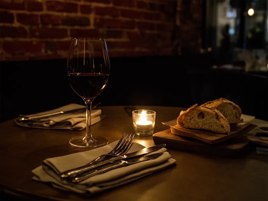 Table dressée pour le service du soir : verre de vin rouge, couverts sur serviette en tissu et pain sur planche