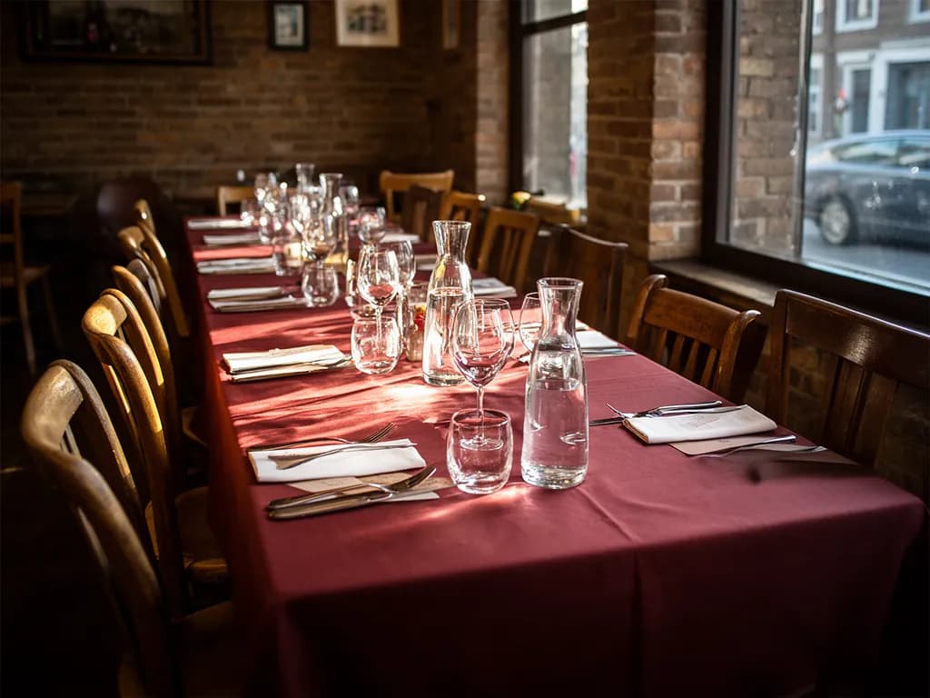 Longue table dressée pour un groupe dans la salle vide, chaises dépareillées et carafes alignées