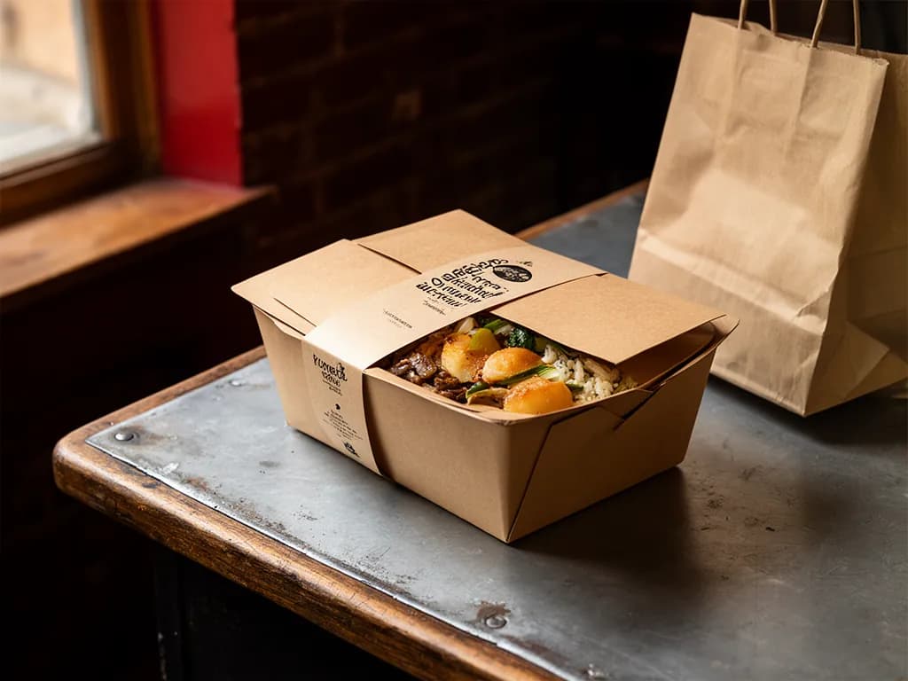 Barquette à emporter en carton kraft garnie, posée sur le comptoir en zinc et bois